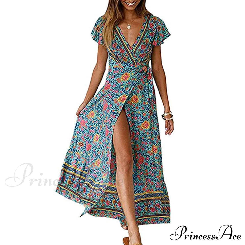 Women's Bohemian Floral Printed Wrap V Neck Maxi Dress Green __stock:200 casual dresses clothes dresses refund_fee:1200