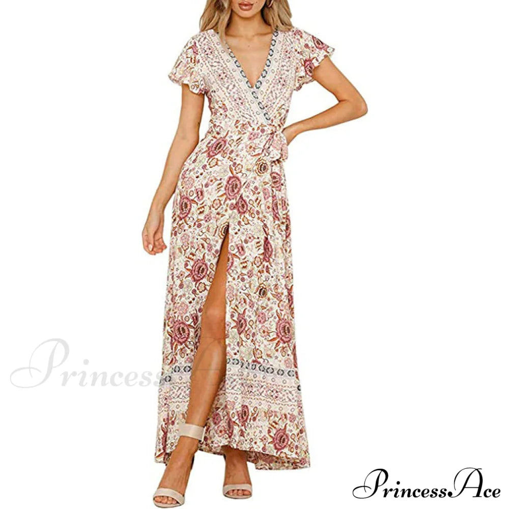 Women's Bohemian Floral Printed Wrap V Neck Maxi Dress Ivory __stock:200 casual dresses clothes dresses refund_fee:1200