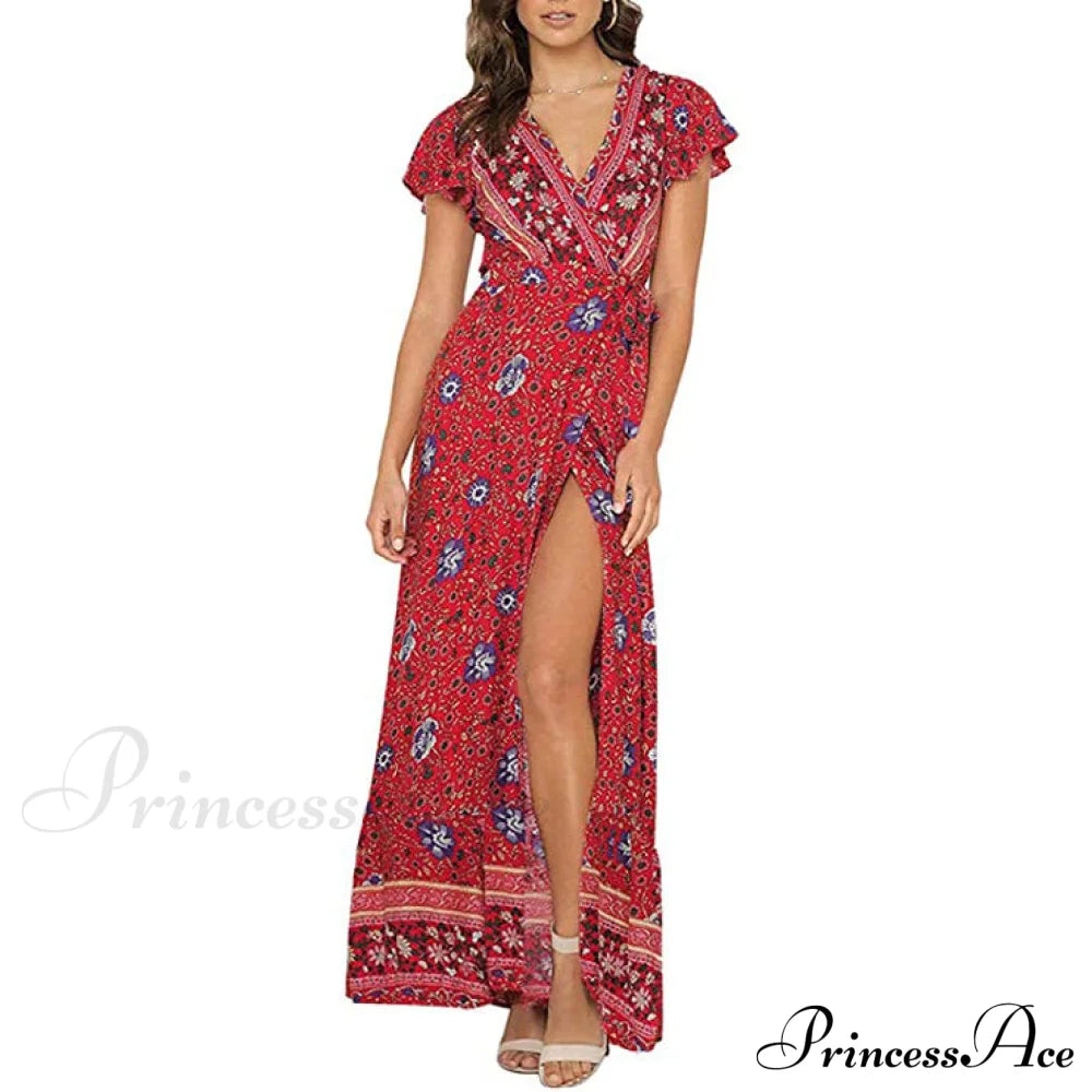 Women's Bohemian Floral Printed Wrap V Neck Maxi Dress Red __stock:200 casual dresses clothes dresses refund_fee:1200