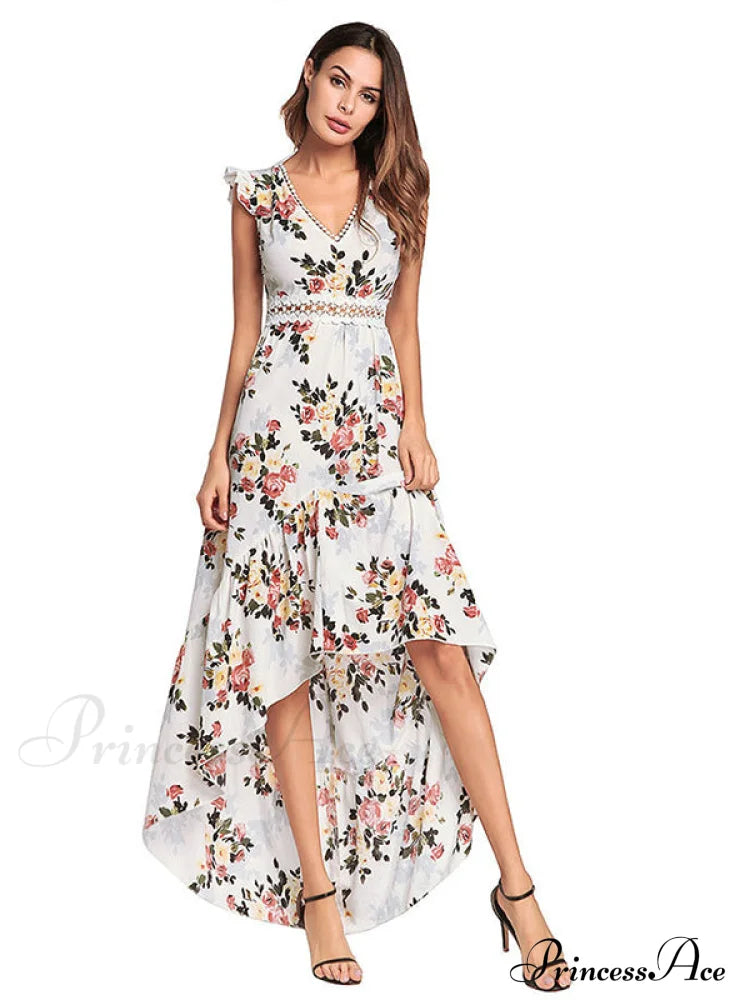 Bohemian Irregular Flowered Design V-Neck Dress M / Black Dresses