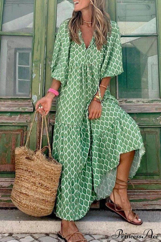 Bohemian Printed Stylish Maxi Dress Light Green / S Dresses