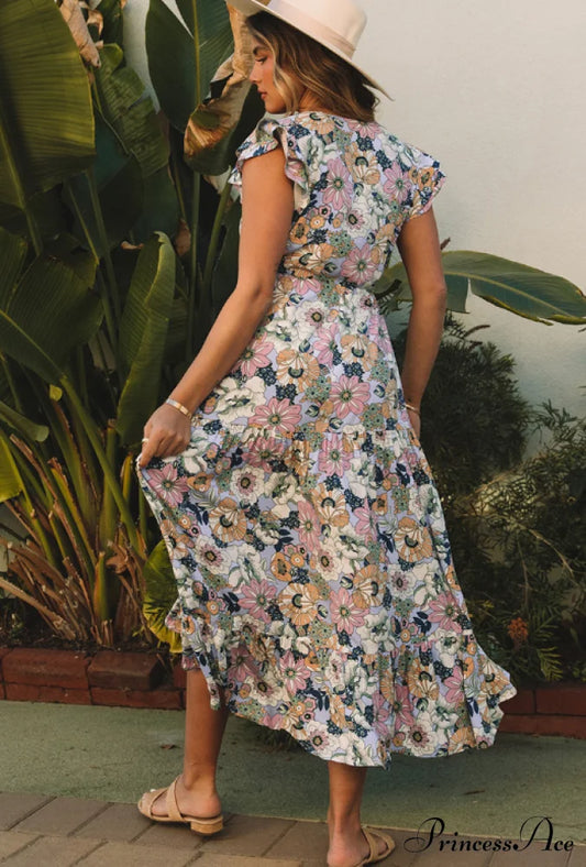 Bohemian Short-Sleeved Dress With Retro Ruffles M / Orange
