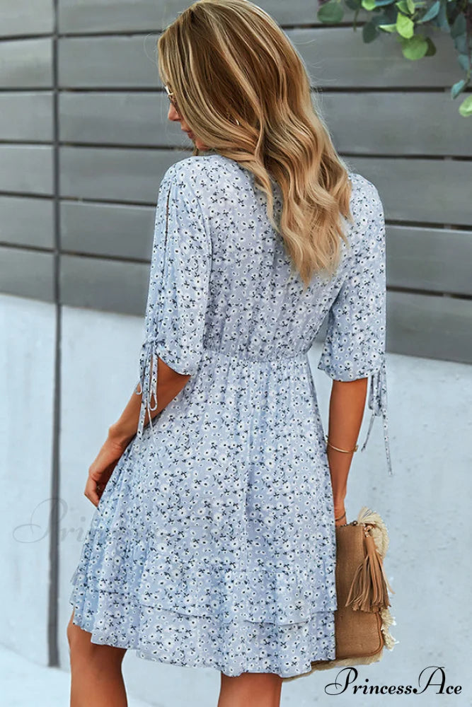 Bohemian V Neck Trendy Knoe Sleeve Mini Dress