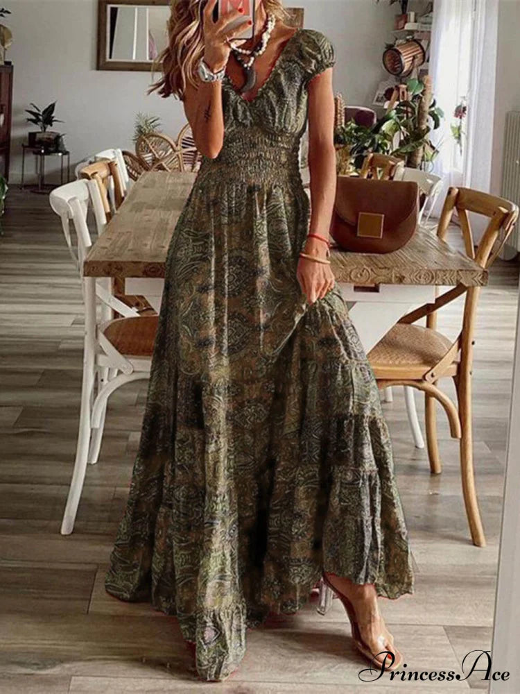 Bohemian Waisted Stylish Floral Print Dress Brown / S Dresses