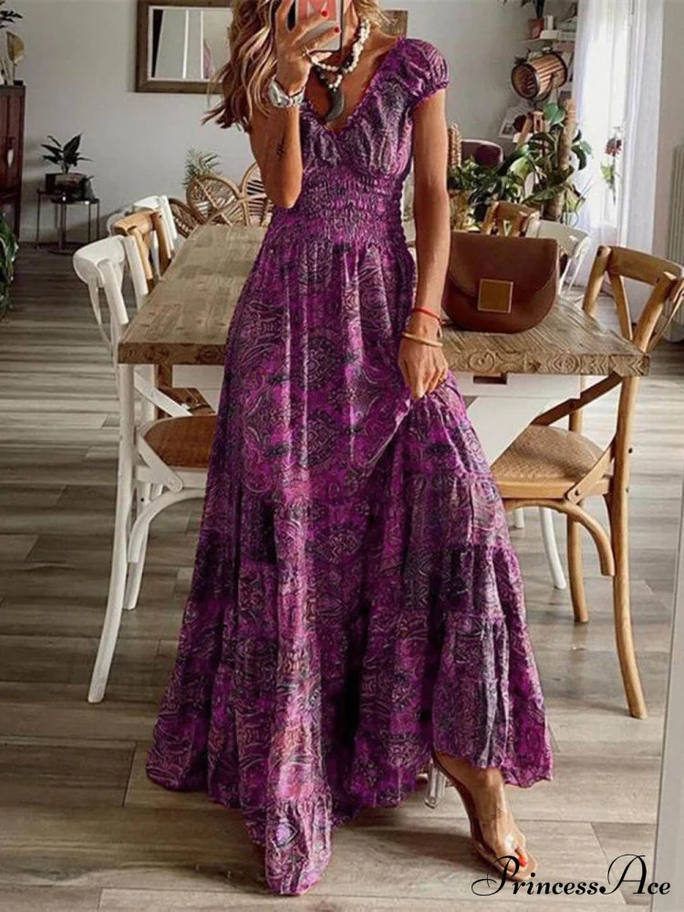 Bohemian Waisted Stylish Floral Print Dress Purple / S Dresses