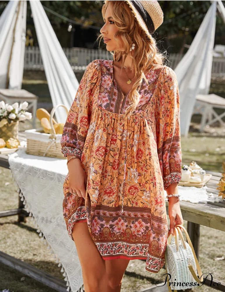 Boho Beach Dress Female Vintage Printed Mini Casual 3/4 Sleeve Loose Elegant L / Orange Dresses