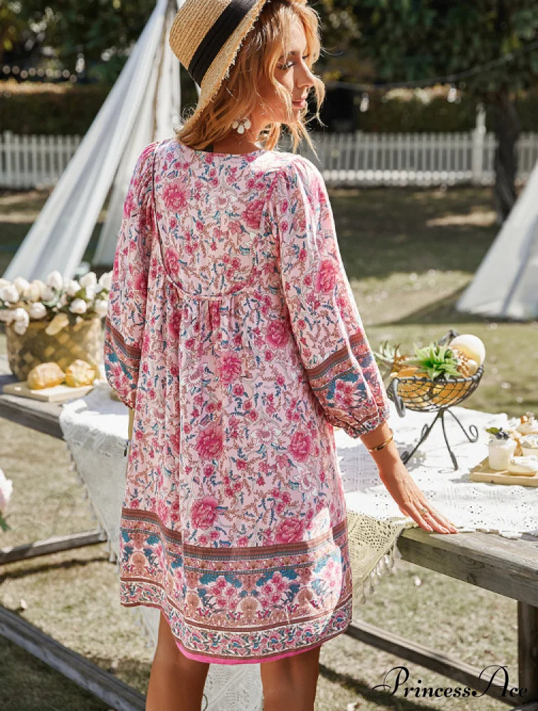 Boho Beach Dress Female Vintage Printed Mini Casual 3/4 Sleeve Loose Elegant M / Blue Dresses