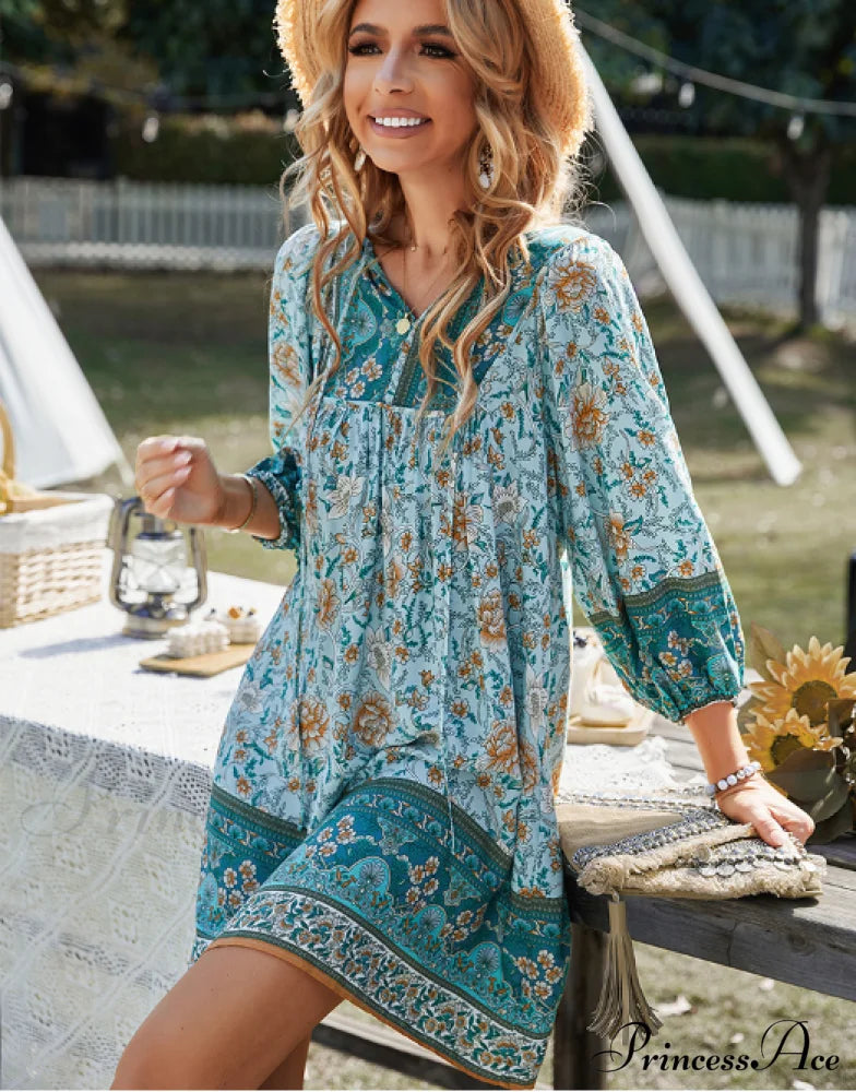 Boho Beach Dress Female Vintage Printed Mini Casual 3/4 Sleeve Loose Elegant M / Yellow Dresses