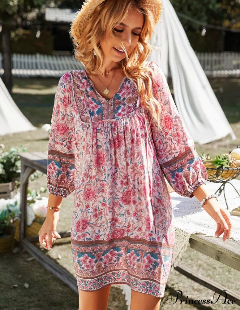 Boho Beach Dress Female Vintage Printed Mini Casual 3/4 Sleeve Loose Elegant S / Yellow Dresses