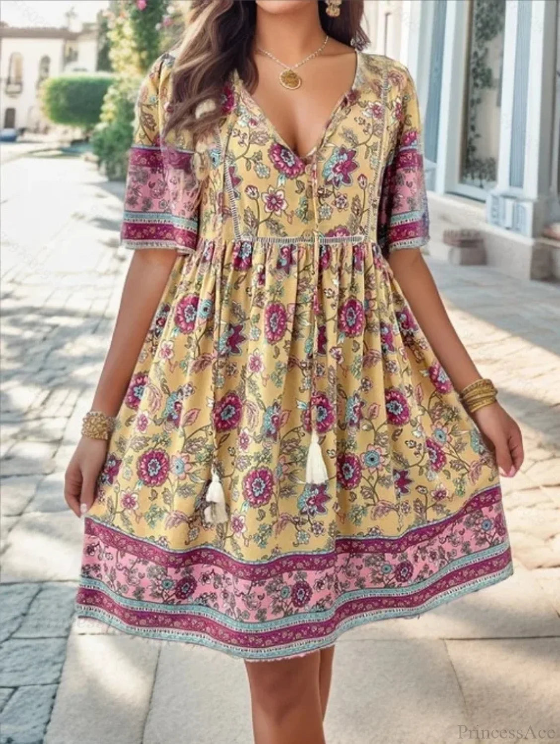 Boho Beach Floral Print Mini Floral Dress apricot / S oldfloraldress-250126