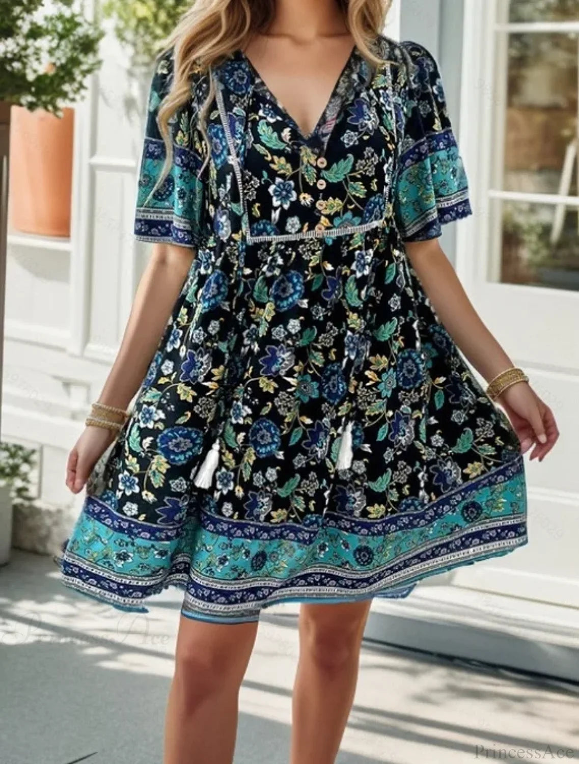 Boho Beach Floral Print Mini Floral Dress Black / S oldfloraldress-250126