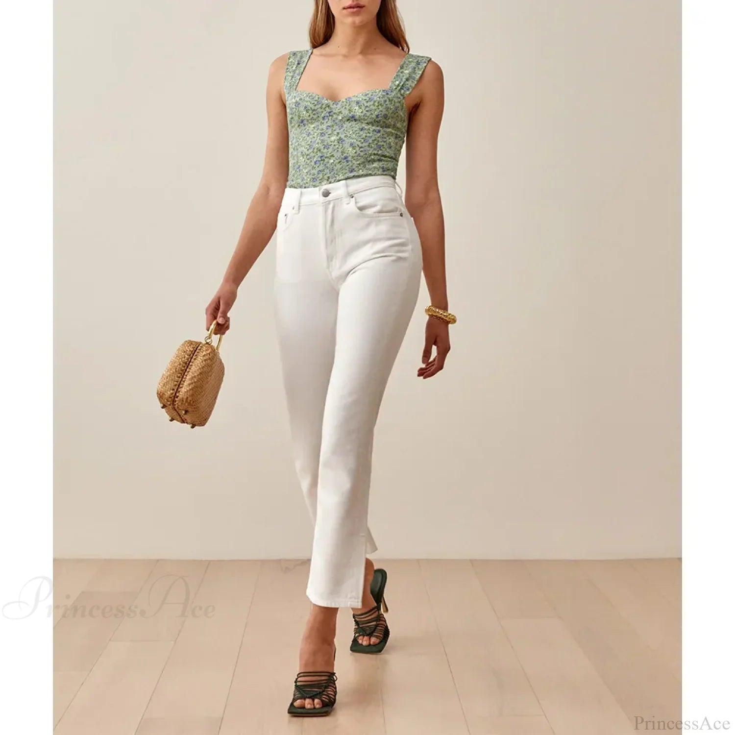 Boho Beach Vacation Floral Sweetheart Wide Strap Sleeveless Slim Crop Top croptop-250126