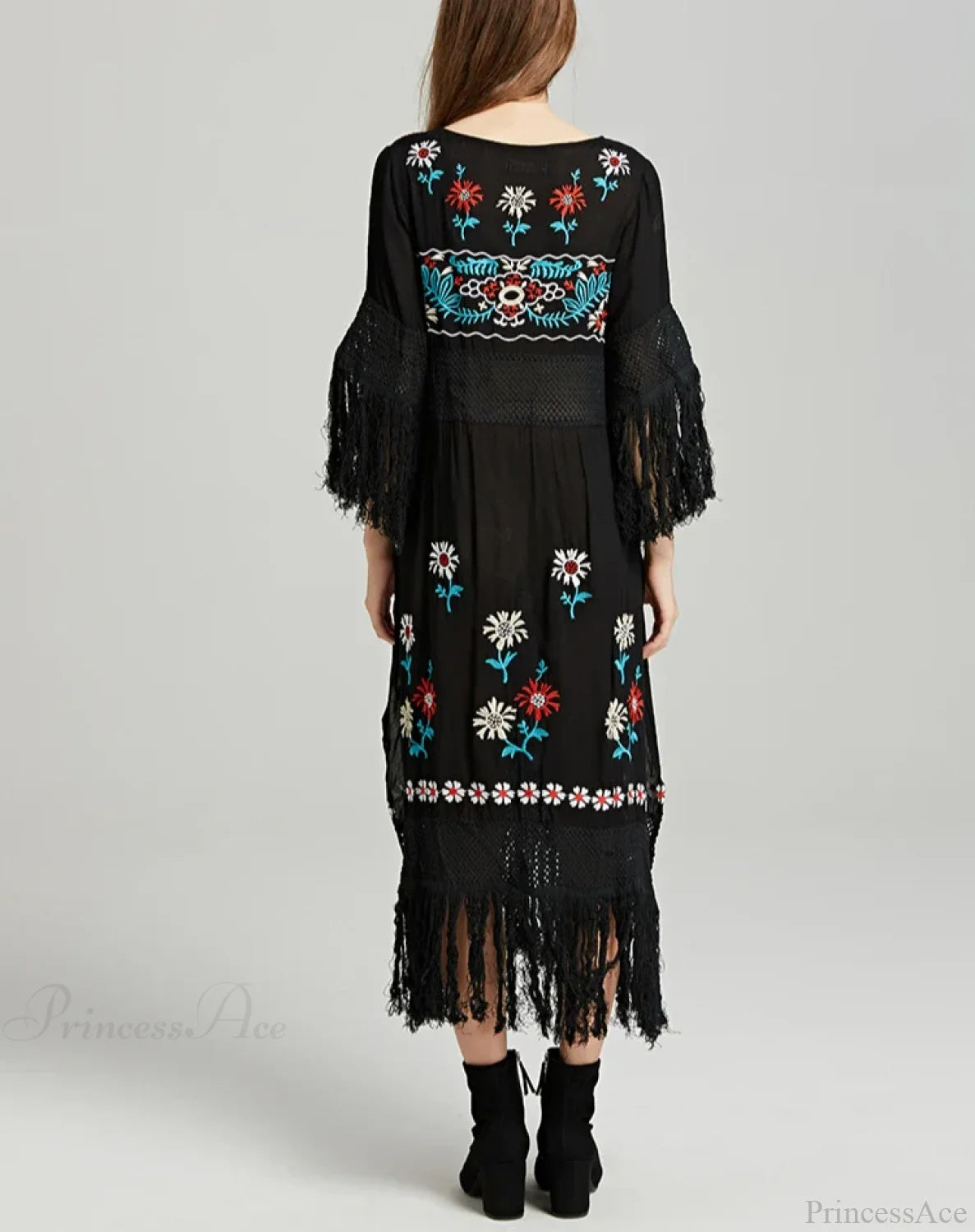 Boho Black Cotton Floral Embroidery Dress bohodress-250126