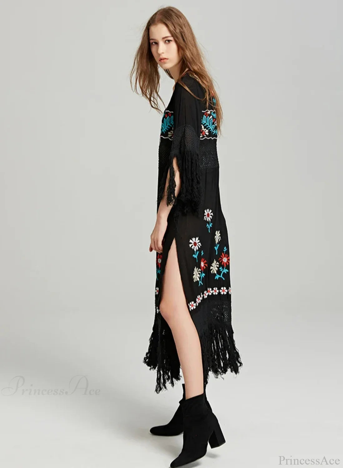 Boho Black Cotton Floral Embroidery Dress bohodress-250126
