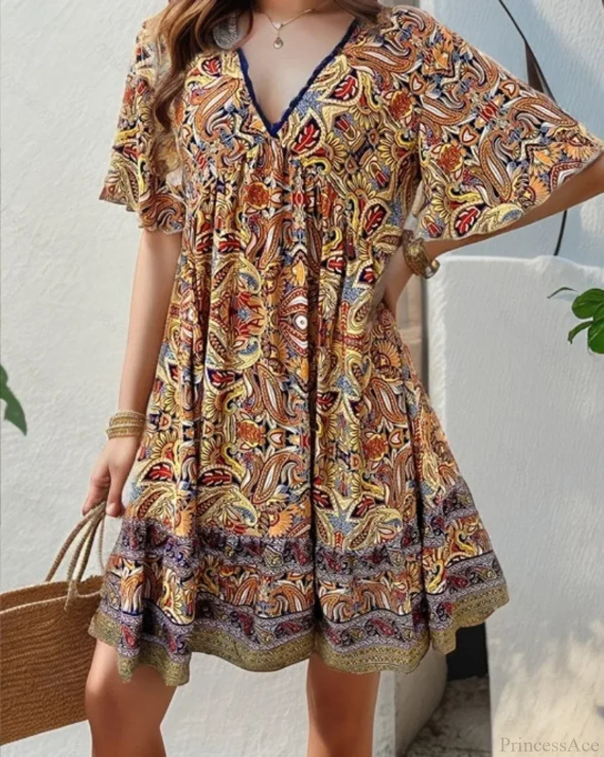 Boho Floral Mini V-neck Short Sleeve Beach Floral Dress Yellow / S oldfloraldress-250126