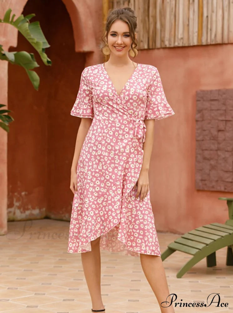 Boho Floral Print Vintage Midi Dress With Ruffle Sleeves For Women M / Green Dresses