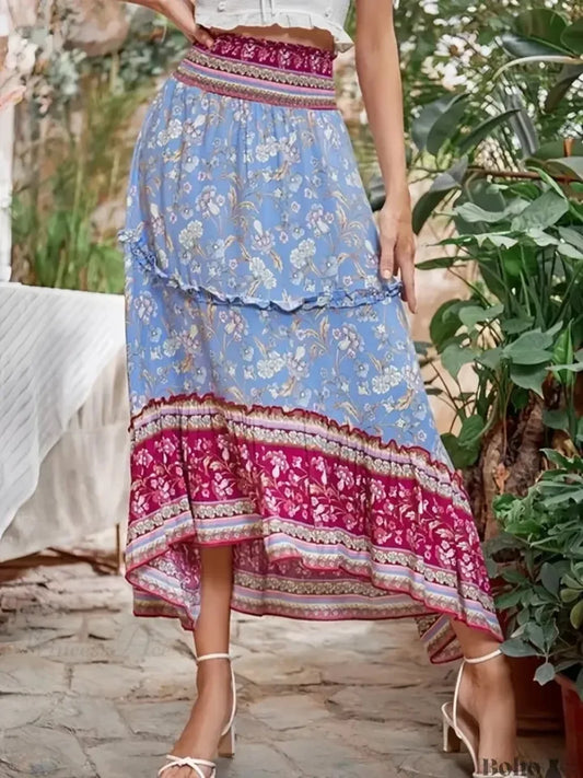 Boho High Waist Ruffled Floral Maxi Skirt Rayon Beach Femme Blue / S