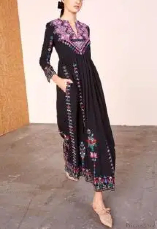 Boho Long Dress Ethnic Floral Embroidery Rayon V-neck Chic Dress Black / S bohodress-250126