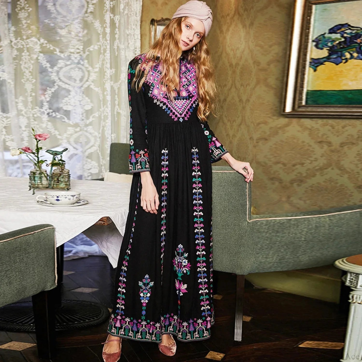 Boho Long Dress Ethnic Floral Embroidery Rayon V-neck Chic Dress bohodress-250126