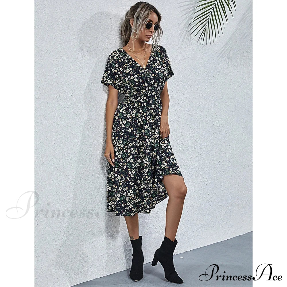 Women's V Neck Casual Boho Loose Midi Dress Black __stock:200 casual dresses clothes dresses refund_fee:1200 show-color-swatches