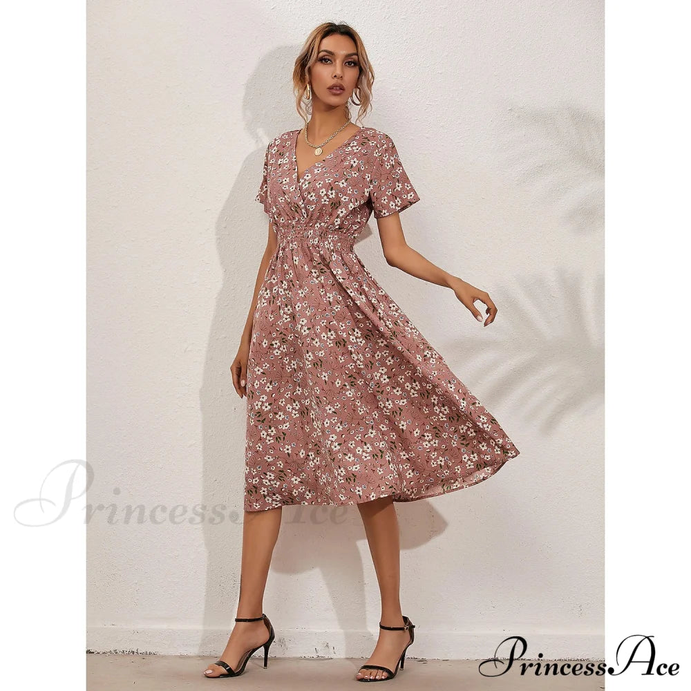Women's V Neck Casual Boho Loose Midi Dress Pink __stock:200 casual dresses clothes dresses refund_fee:1200 show-color-swatches