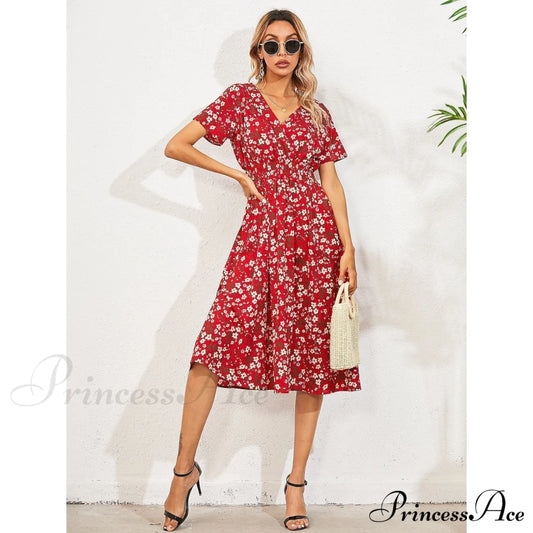Women's V Neck Casual Boho Loose Midi Dress Red __stock:200 casual dresses clothes dresses refund_fee:1200 show-color-swatches