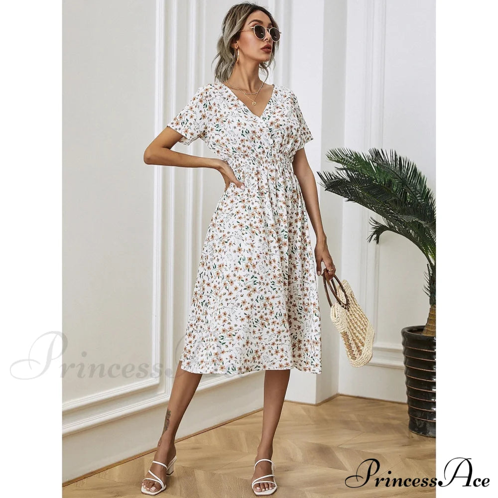 Women's V Neck Casual Boho Loose Midi Dress White __stock:200 casual dresses clothes dresses refund_fee:1200 show-color-swatches