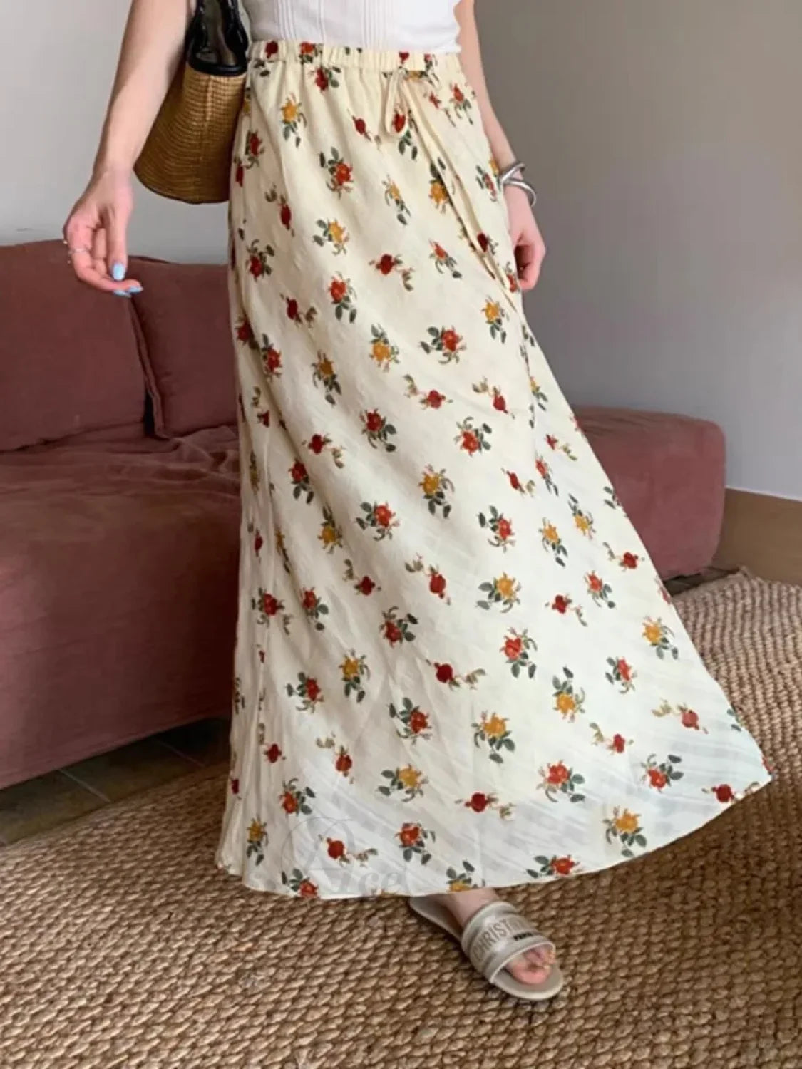 2024 Boho Maxi Skirt High Waist Floral Printed Hippie Rose Chic Beige / M