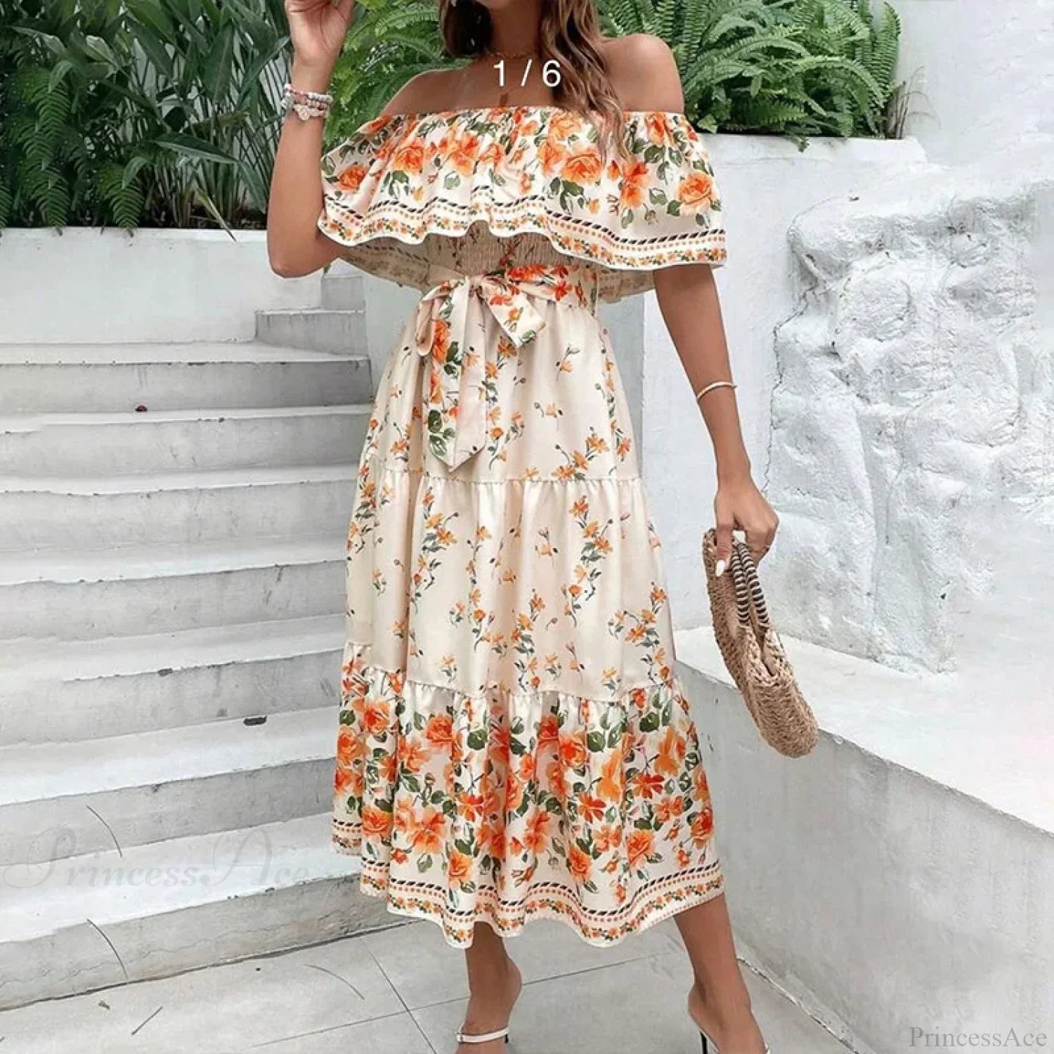 Boho Off-Shoulder Ruffle Floral Print Maxi Floral Dress Pale yellow / S floraldress-250126