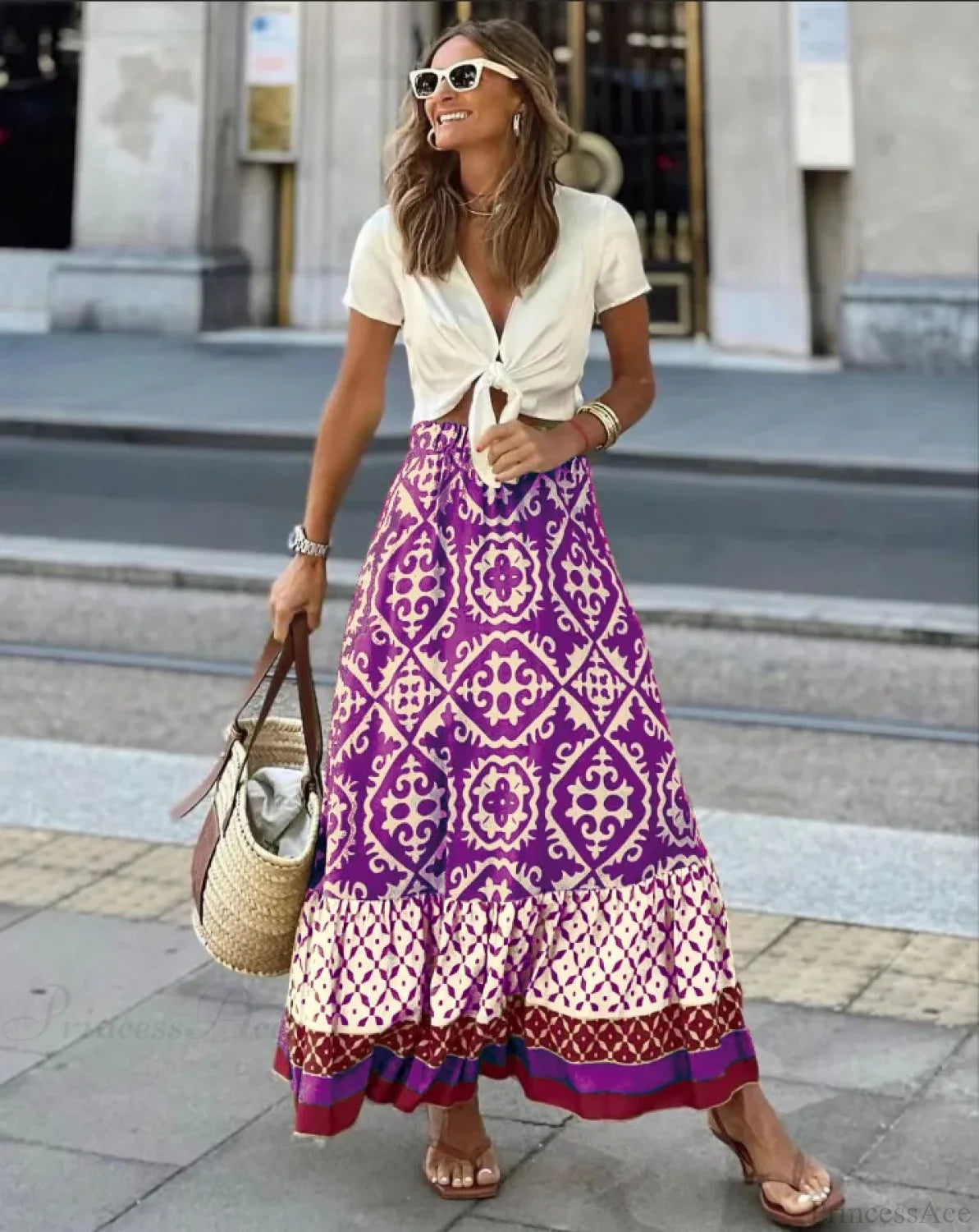 Boho Print High Waist Maxi Skirt Casual Loose Summer Skirt PURPLE / S skirt-250126