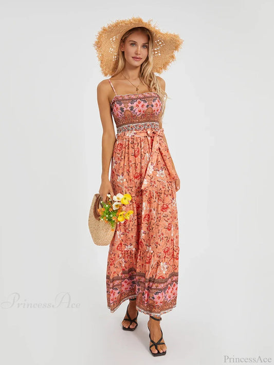 Boho Retro Floral Swing Spaghetti Straps Belted Long Floral Dress floraldress-250126
