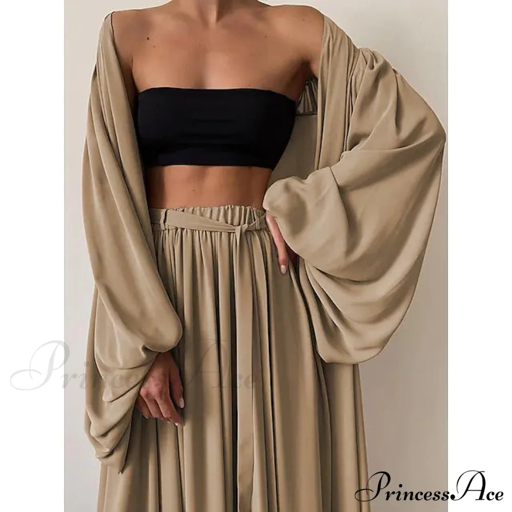 3-Piece Set: Women's Boho Solid Color Plus Size Camel __stock:200 casual dresses clothes dresses refund_fee:1800