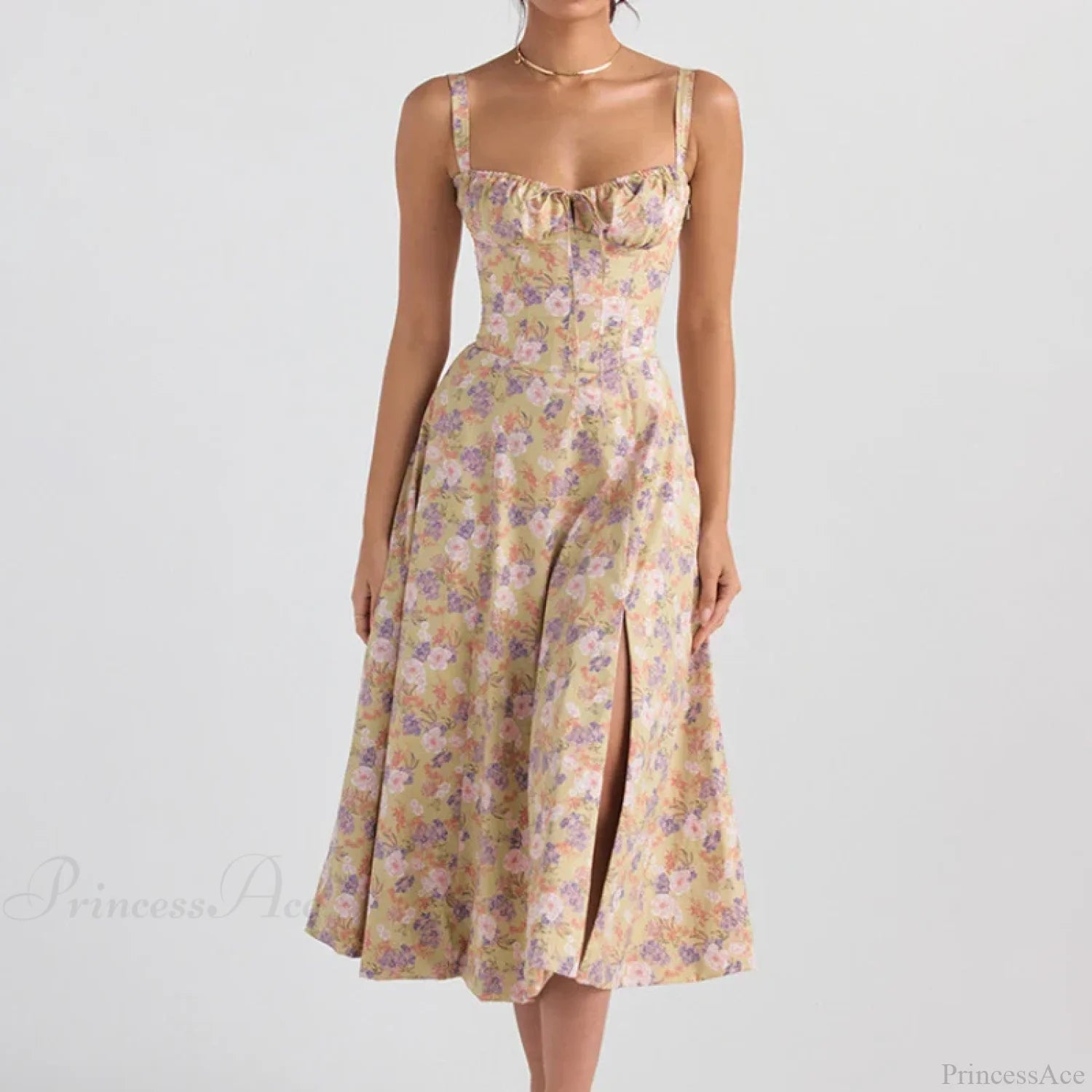 Boho Spaghetti Straps Tie Front Floral Dress Lavender / S