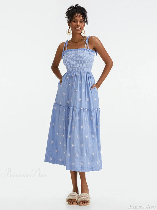 Boho Summer Flower Embroidery Tie-Up Shoulder Shirred A-Line Beach Dress BLUE2 / S floraldress-250126