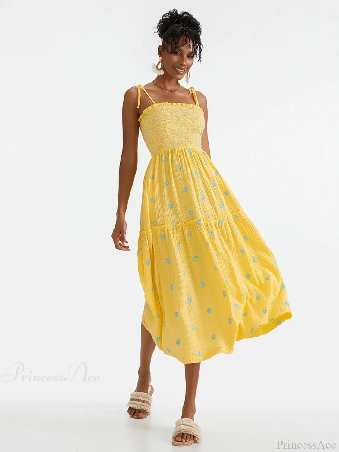 Boho Summer Flower Embroidery Tie-Up Shoulder Shirred A-Line Beach Dress YELLOW / S floraldress-250126