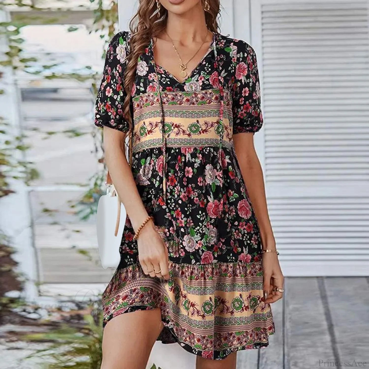 Boho Tie-up V Neck Floral Print Loose Dress Black / M oldfloraldress-250126