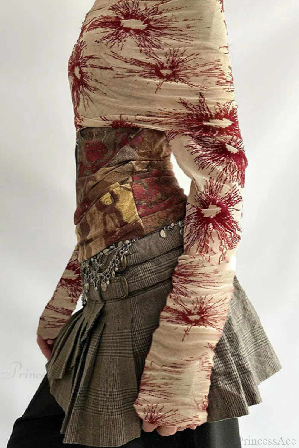 Botanical Print Retro Mesh Panel Boat Neck Long Sleeve Tee