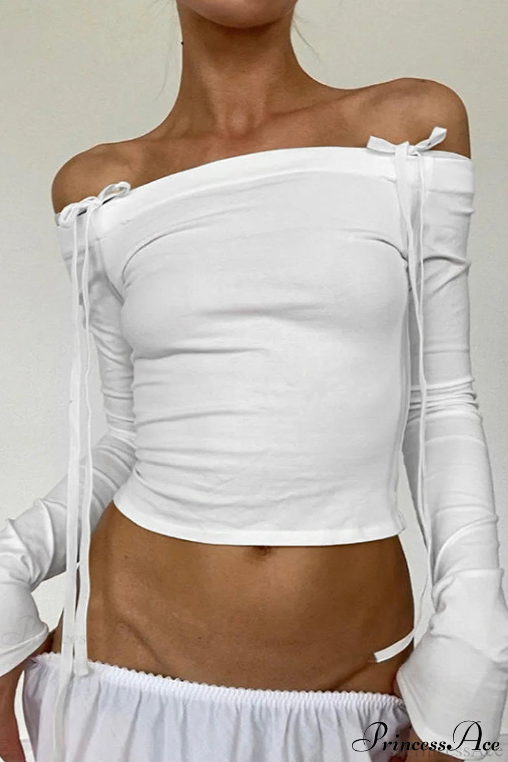 Bow Belted Off Shoulder Backless Long Sleeve Crop Top White / S