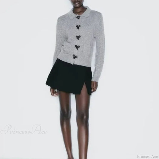 Bow Button Lapel Cardigan Grey / S Cardigan-241208