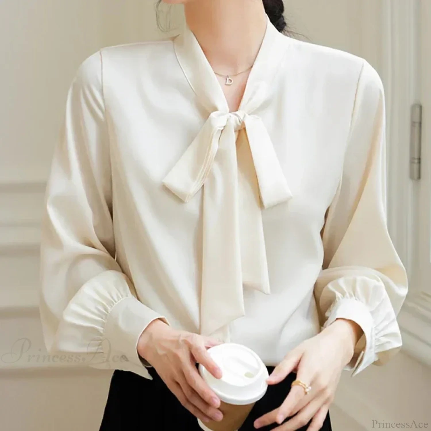 Bow Champagne Satin Long Sleeve Office Lady Blouse blouse-250126