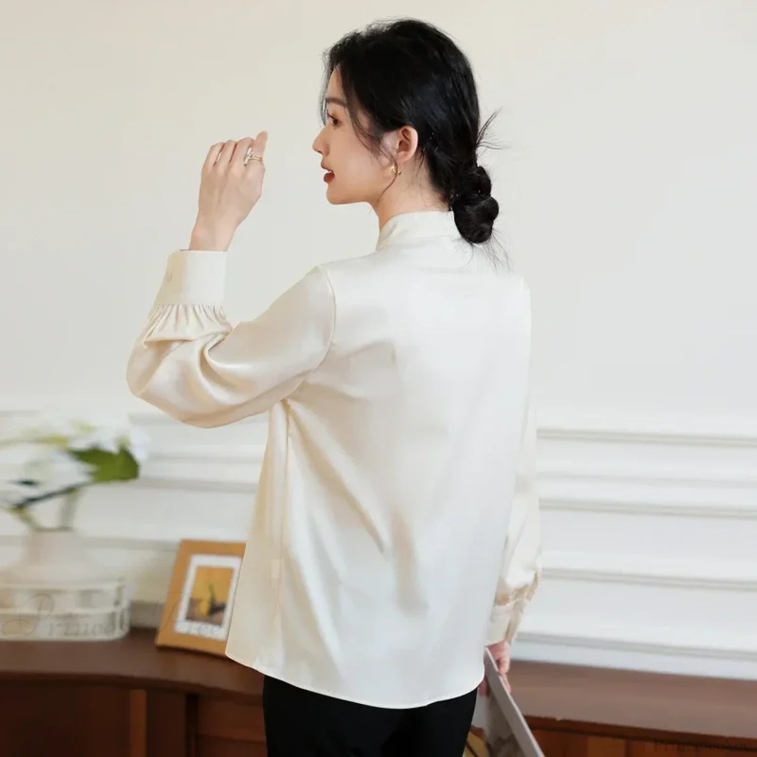Bow Champagne Satin Long Sleeve Office Lady Blouse blouse-250126