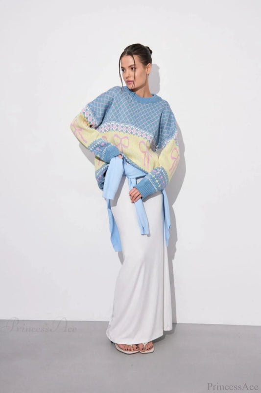 Bow Color Block Crew Neck Outer Wear Warm Lazy Knit Sweater