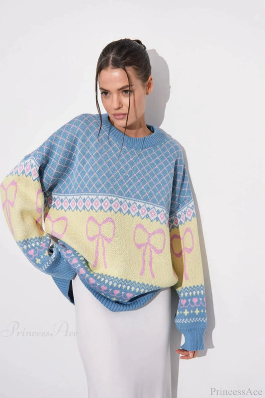 Bow Color Block Crew Neck Outer Wear Warm Lazy Knit Sweater Blue / S