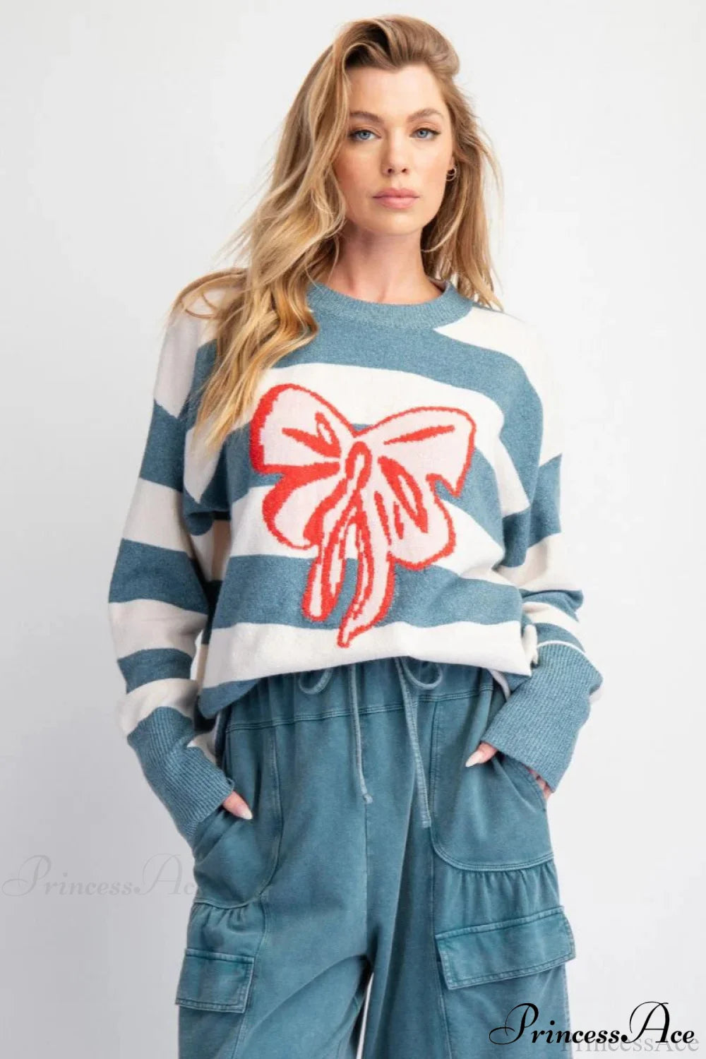 Bow Detail Jacquard Crewneck Long Sleeve Sweater Blue / S