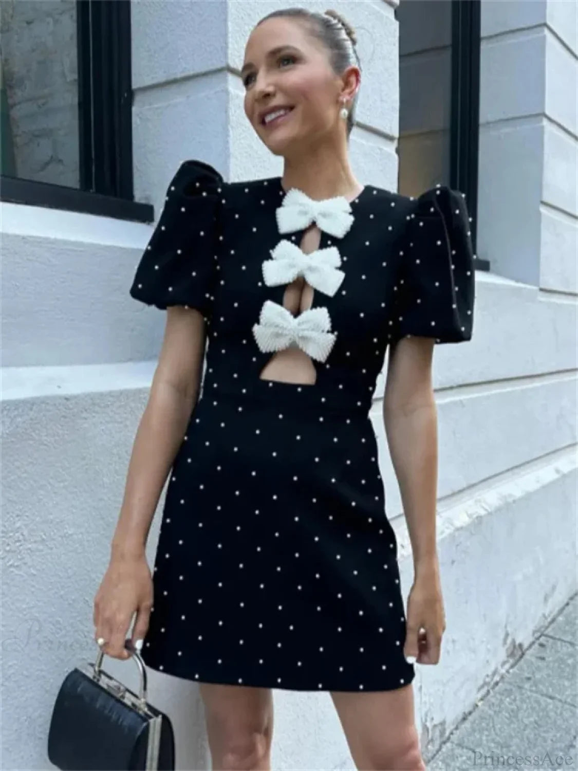 Bow Hollow-Out Patchwork Mini Dress White Bow / S minidress-250223