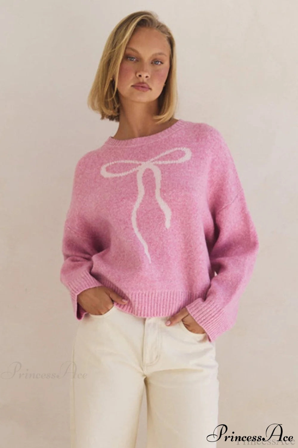 Bow Jacquard Crew-Neck Loose Casual Sweater