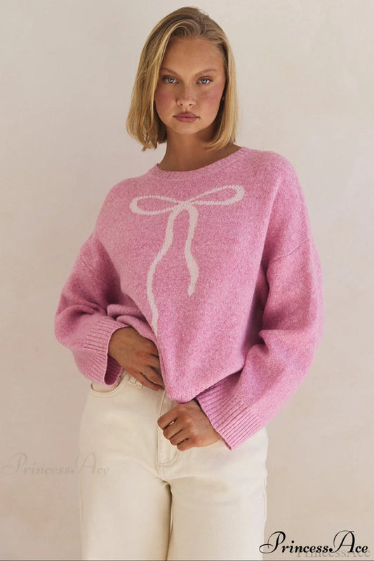 Bow Jacquard Crew-Neck Loose Casual Sweater Pink / S