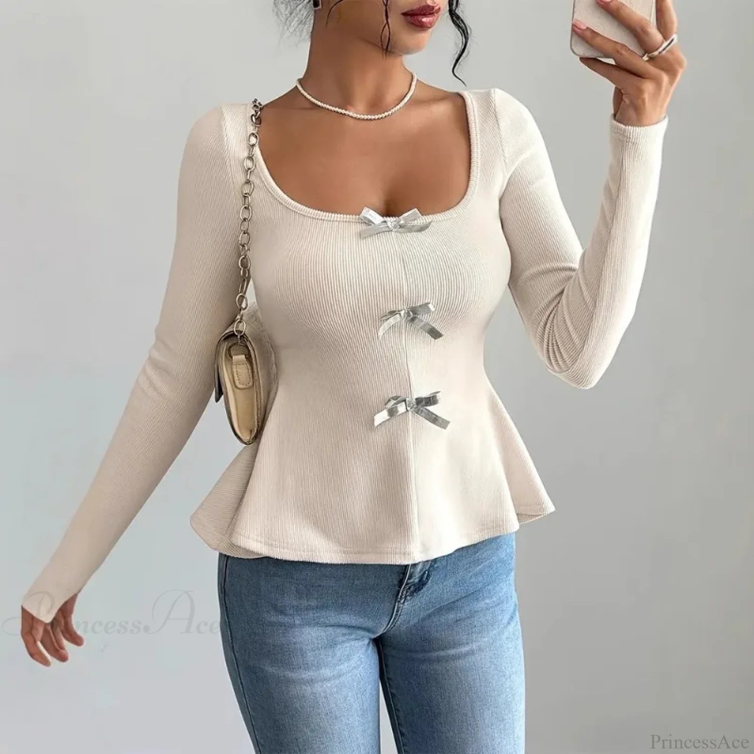 Bow Knit Casual Long Sleeve Ruffled Pullover Slim Knit Top knittop-250126