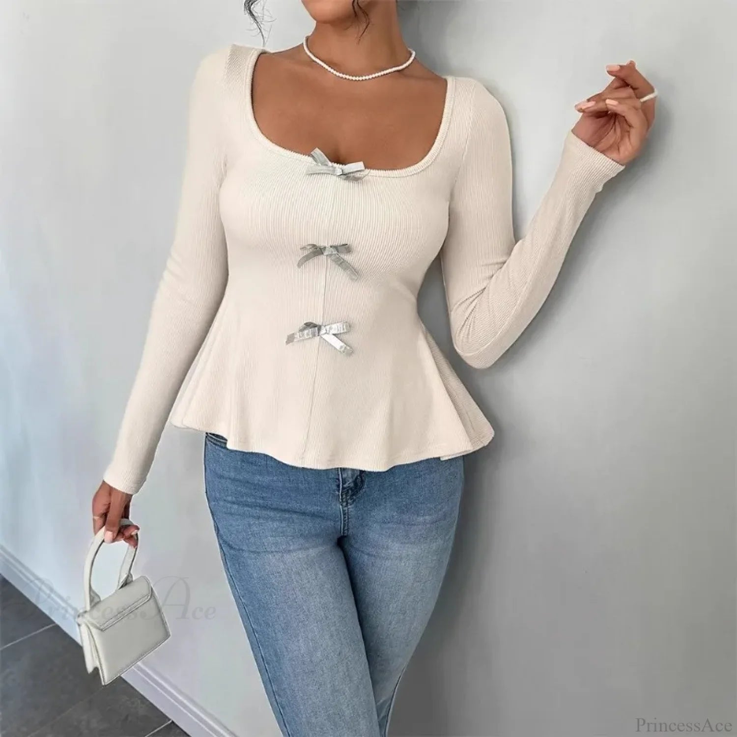 Bow Knit Casual Long Sleeve Ruffled Pullover Slim Knit Top knittop-250126