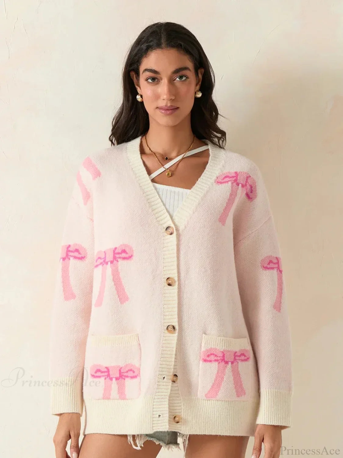 Bow Print Button Cardigan Cardigan-241208
